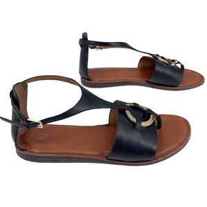 Franco Sarto A-Lockheart Sandals Women's 7 M Black Leather T Strap Ring‎ Ankle